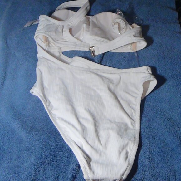 Shade & Shore Womens Ribbed 1-Shoulder Cut-Out Cheeky 1 Piece Swimsuit Ivory Siz - Picture 5 of 16